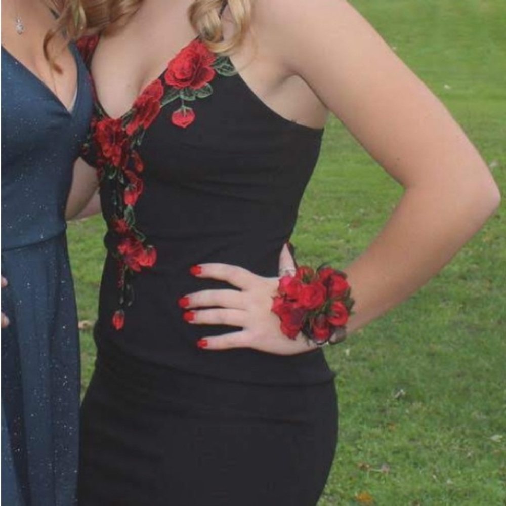Elegant Black Dress with Red Floral Embroidery